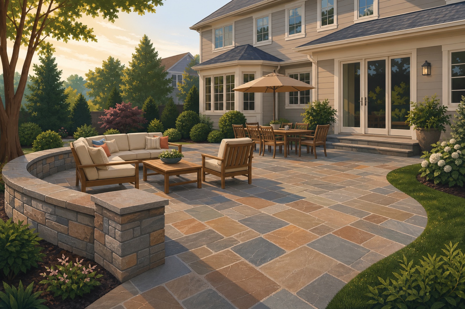 Custom natural stone patio with clean joints in a backyard